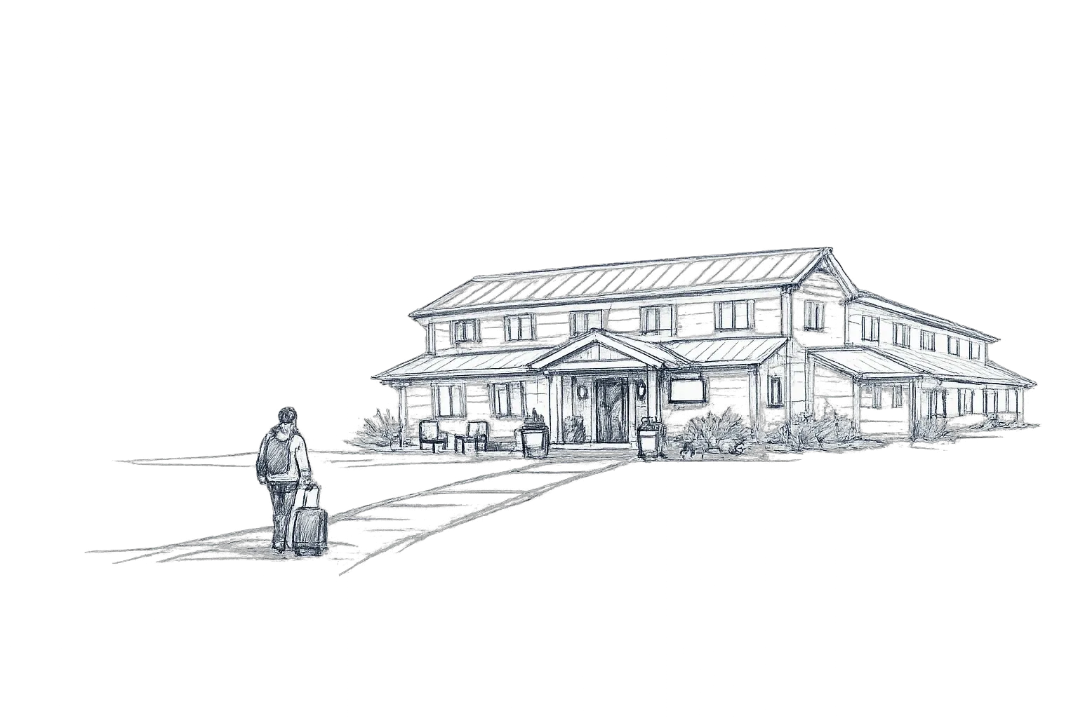 A traveler with luggage approaches a small independent lodging property.