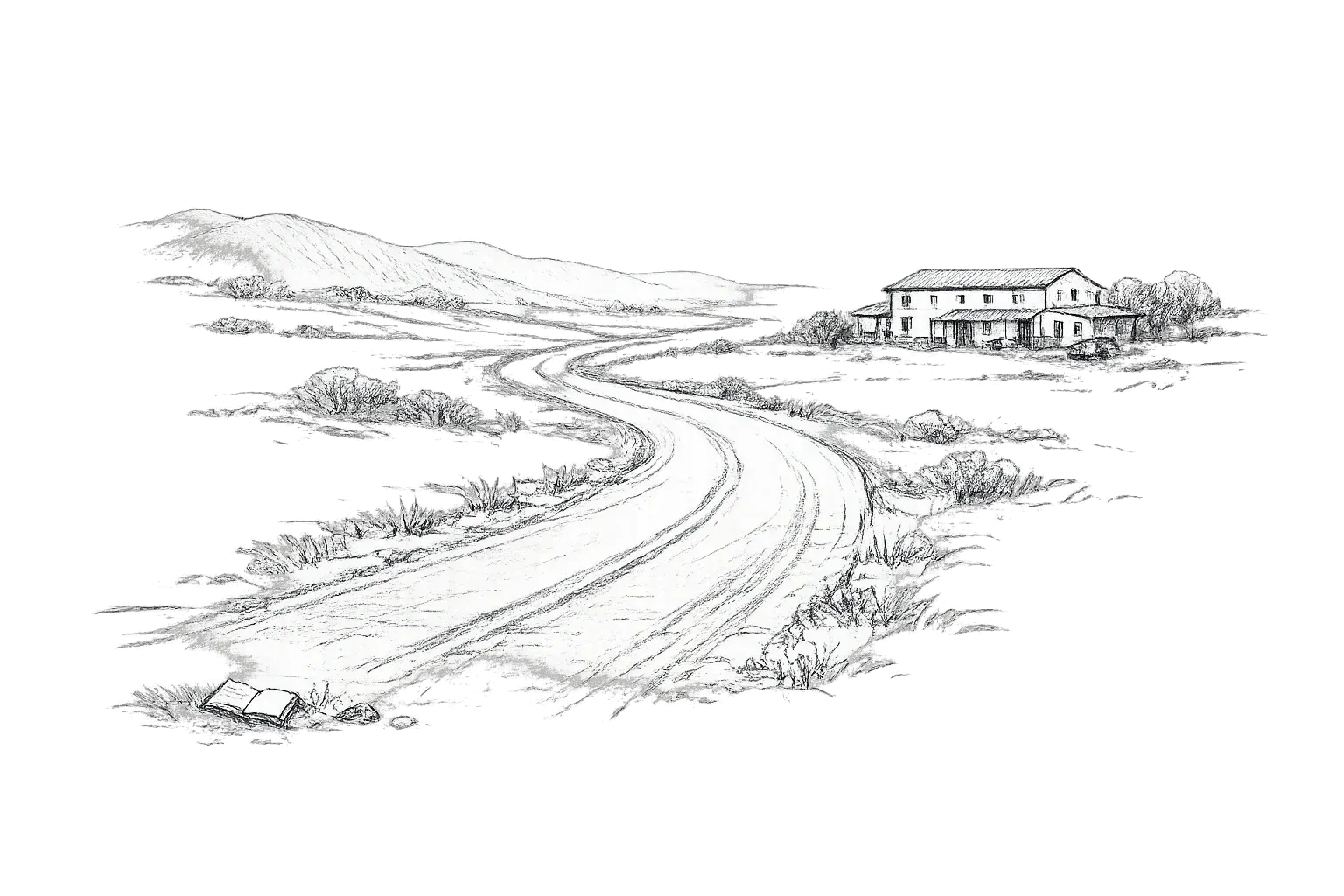 A winding road leads toward a small lodging waypoint beneath a mountain landscape.