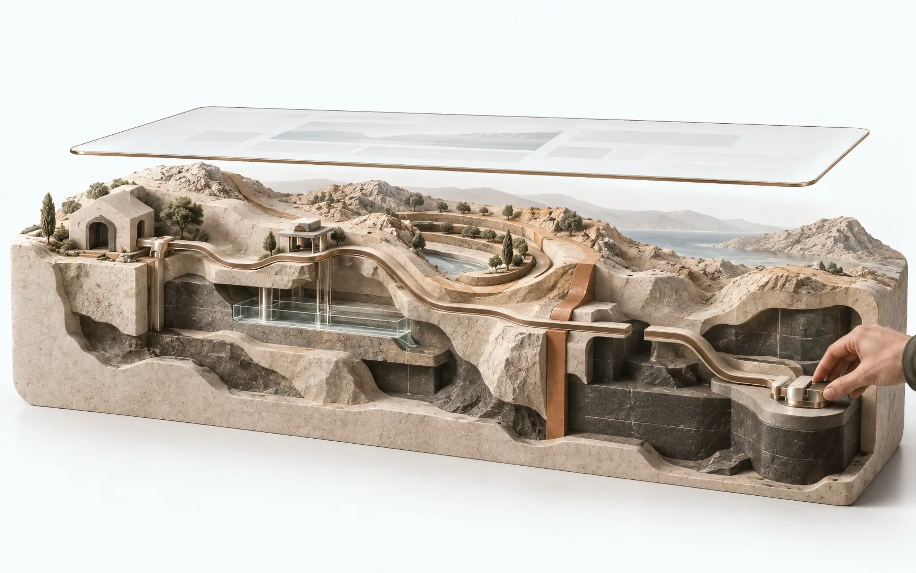 A physical landscape model sits beneath a translucent travel interface, with a hand controlling the connection between visible travel meaning and the system underneath it.