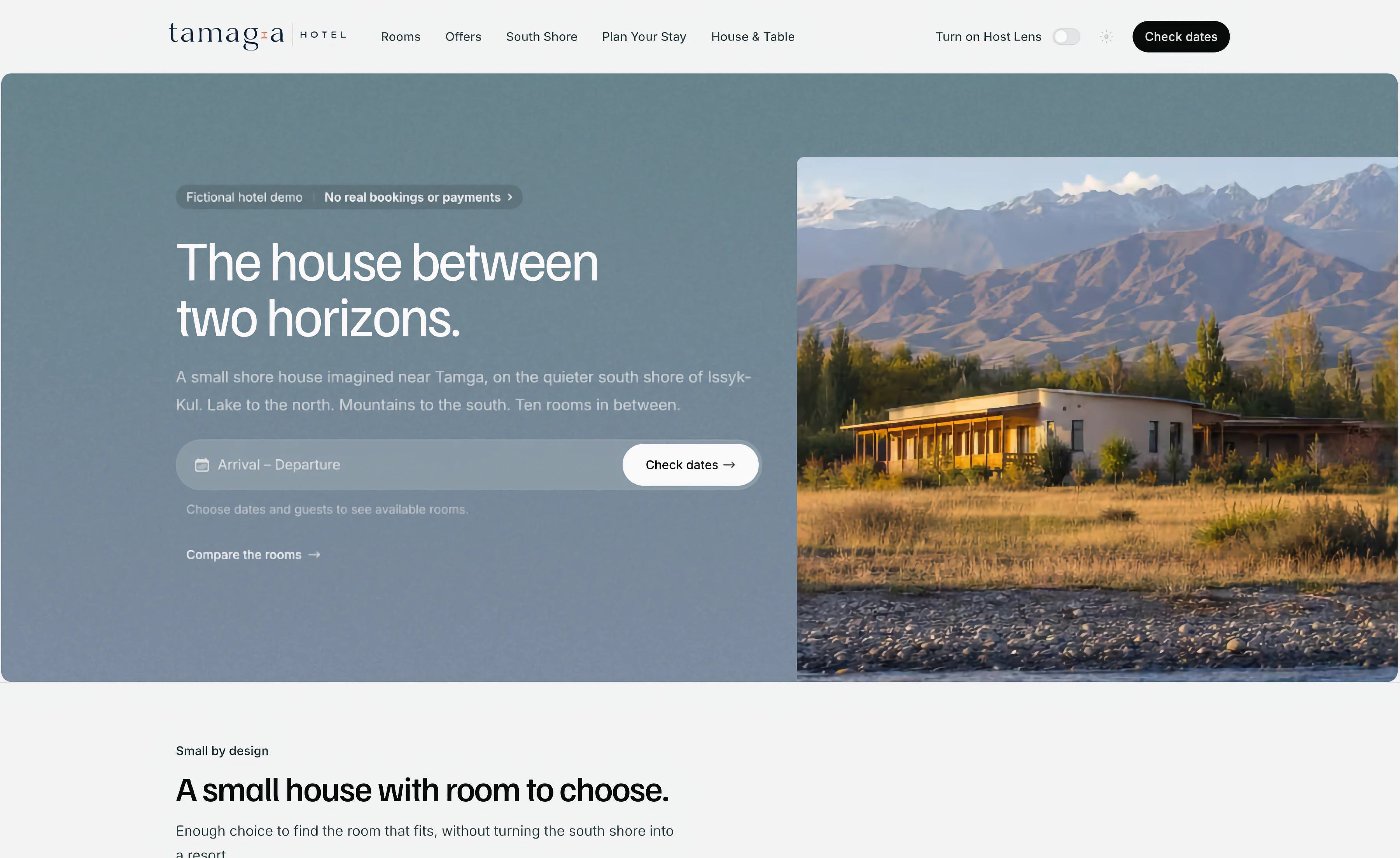 Screenshot of the fictional Tamaga Hotel Demo, showing its guest-facing room-search surface beside the synthetic hotel on the south shore of Issyk-Kul.