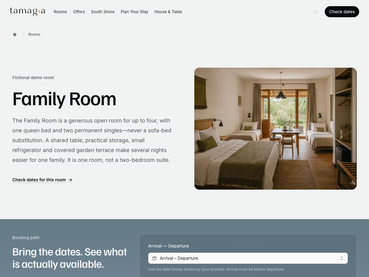 Family Room page shows one double bed and two permanent singles in one open sleeping space, with fictional demo status and no static price.